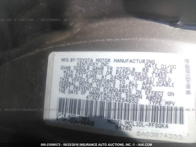 4T3ZF13C5YU254652 - 2000 TOYOTA SIENNA LE/XLE GOLD photo 9