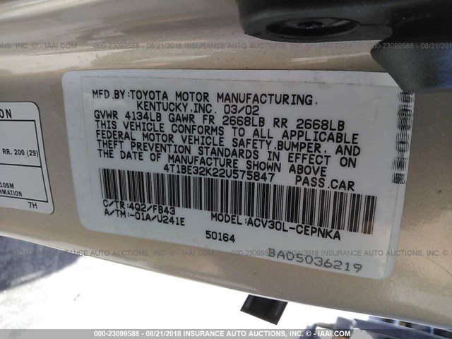 4T1BE32K22U575847 - 2002 TOYOTA CAMRY LE/XLE/SE Qızıl foto 9