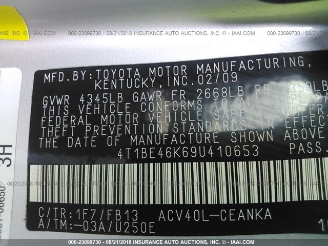 4T1BE46K69U410653 - 2009 TOYOTA CAMRY SE/LE/XLE SILVER photo 9