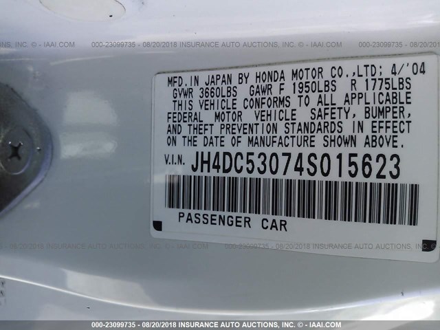 JH4DC53074S015623 - 2004 ACURA RSX TYPE-S WHITE photo 9