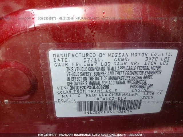 3N1CE2CPXGL408296 - 2016 NISSAN VERSA NOTE S/S PLUS/SV/SL/SR RED photo 9