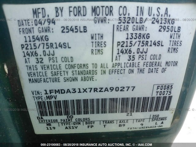 1FMDA31X7RZA90277 - 1994 FORD AEROSTAR GREEN photo 9