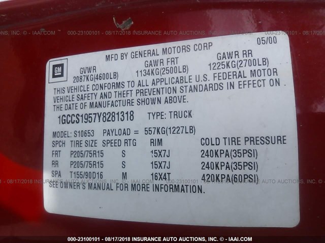 1GCCS1957Y8281318 - 2000 CHEVROLET S TRUCK S10 RED photo 9