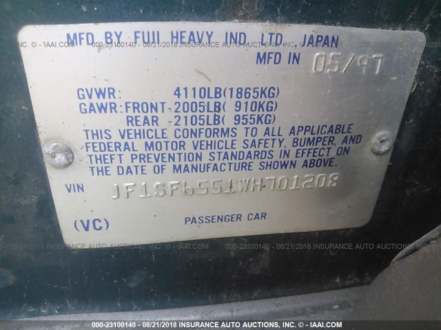 JF1SF6551WH701208 - 1998 SUBARU FORESTER S GREEN photo 9