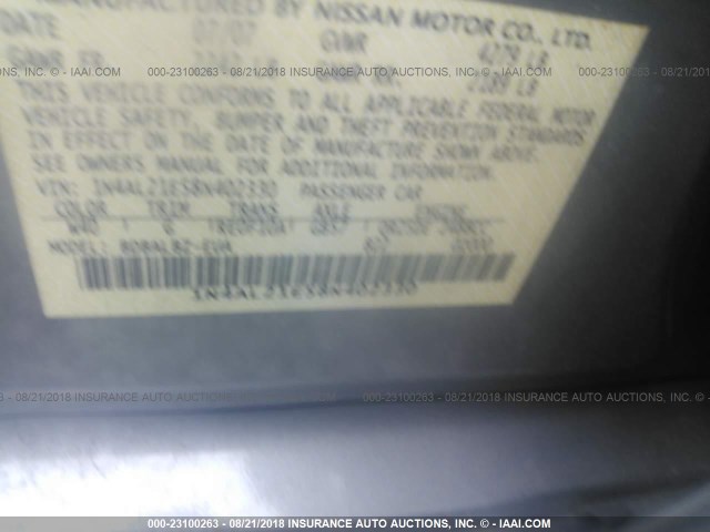 1N4AL21E58N402330 - 2008 NISSAN ALTIMA 2.5/2.5S GRAY photo 9