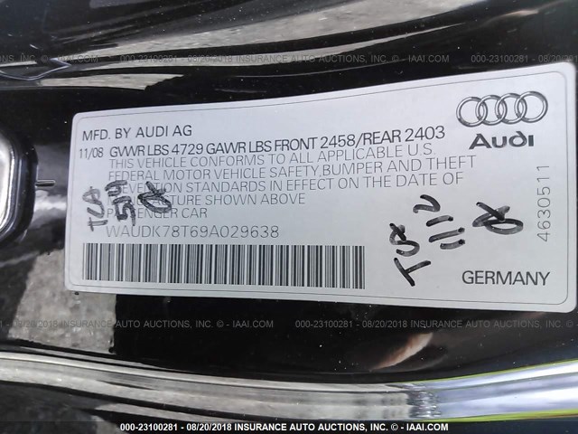 WAUDK78T69A029638 - 2009 AUDI A5 QUATTRO BLACK photo 9