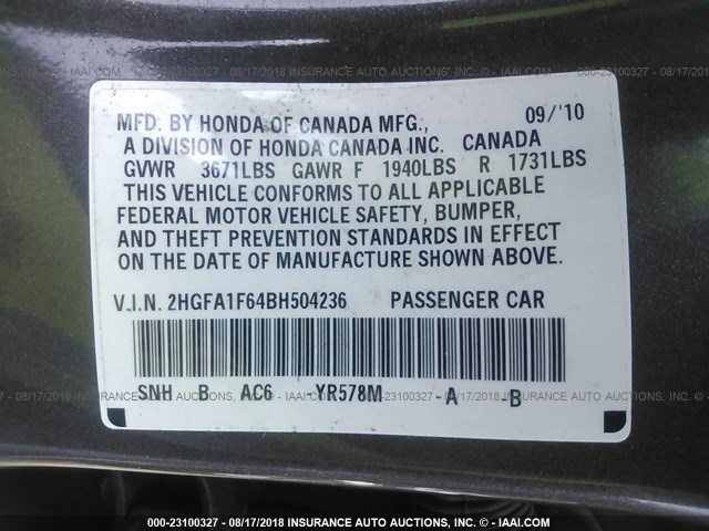 2HGFA1F64BH504236 - 2011 HONDA CIVIC LX-S Boz foto 9