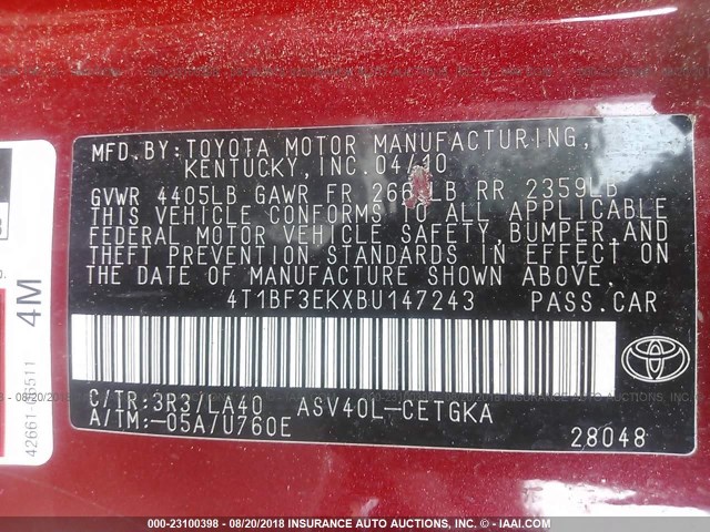 4T1BF3EKXBU147243 - 2011 TOYOTA CAMRY SE/LE/XLE 橙色 照片 9