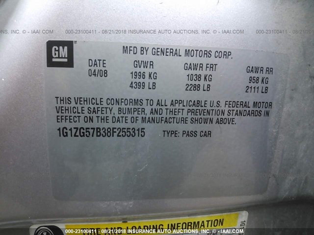 1G1ZG57B38F255315 - 2008 CHEVROLET MALIBU LS Gümüş foto 9