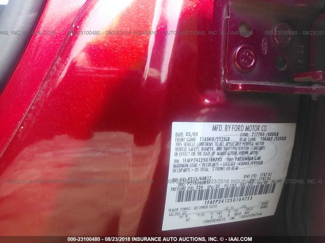 1FAFP24125G169753 - 2005 FORD FIVE HUNDRED SEL RED photo 9