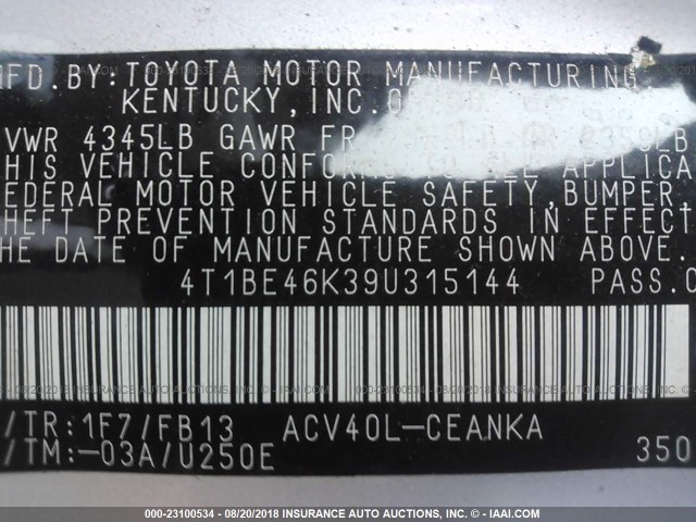 4T1BE46K39U315144 - 2009 TOYOTA CAMRY SE/LE/XLE ვერცხლისფერი ფოტო 9