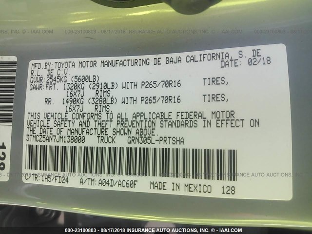 3TMCZ5AN7JM138000 - 2018 TOYOTA TACOMA DBL CAB/SR/TRDSPT/OR/PRO ნაცრისფერი ფოტო 9