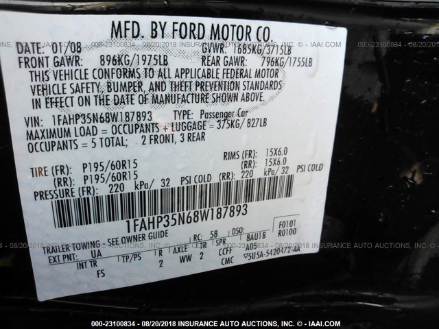 1FAHP35N68W187893 - 2008 FORD FOCUS SE/SEL/SES BLACK photo 9