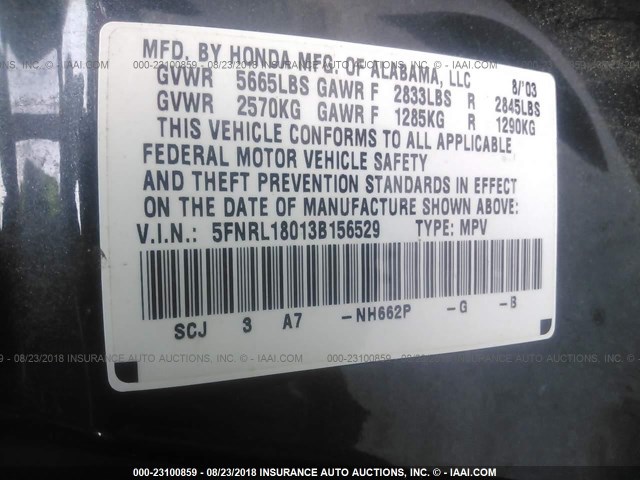 5FNRL18013B156529 - 2003 HONDA ODYSSEY EXL GRAY photo 9