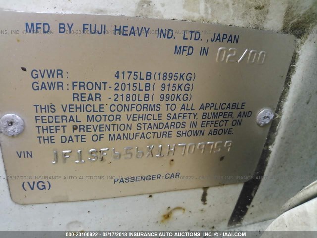 JF1SF656X1H709759 - 2001 SUBARU FORESTER S 白色 照片 9