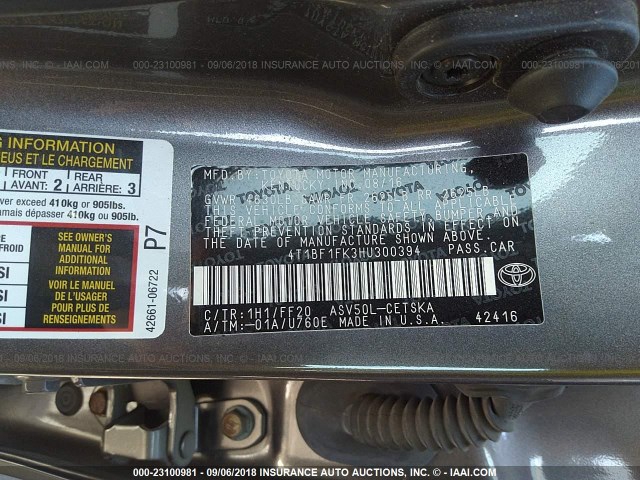 4T1BF1FK3HU300394 - 2017 TOYOTA CAMRY LE/XLE/SE/XSE 棕色 照片 9