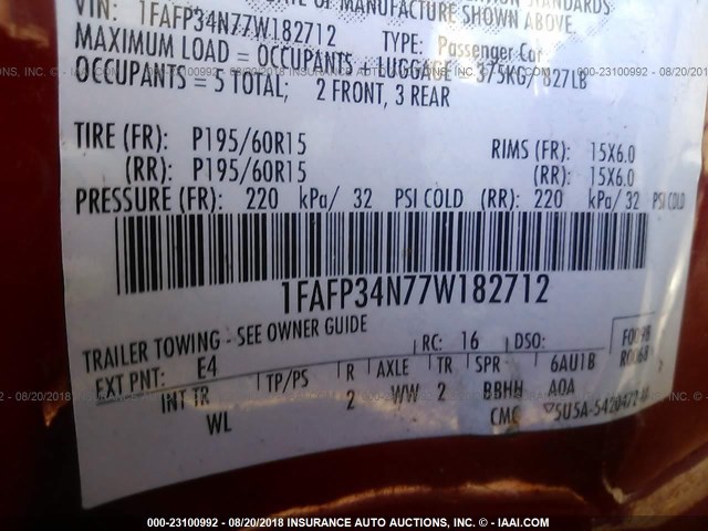 1FAFP34N77W182712 - 2007 FORD FOCUS ZX4/S/SE/SES წითელი ფოტო 9