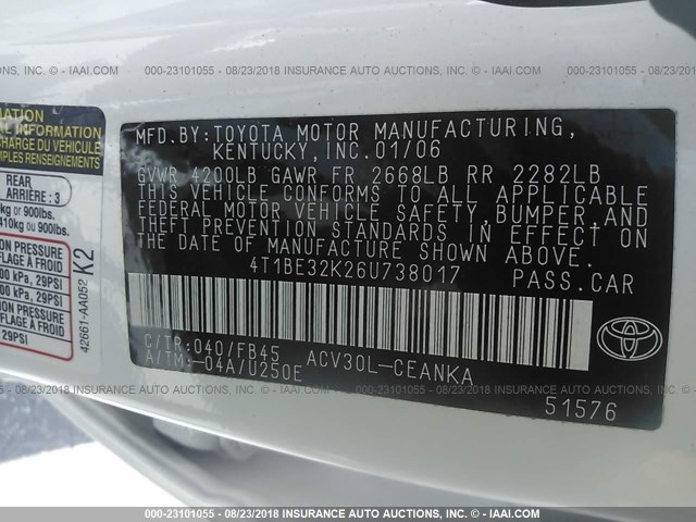 4T1BE32K26U738017 - 2006 TOYOTA CAMRY LE/XLE/SE 白色 照片 9