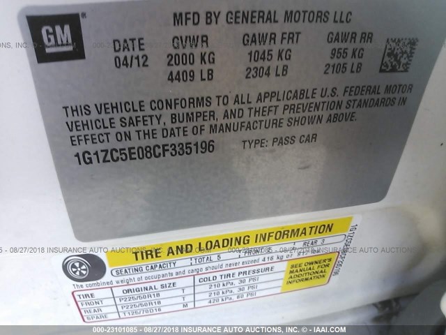 1G1ZC5E08CF335196 - 2012 CHEVROLET MALIBU 1LT თეთრი ფოტო 9