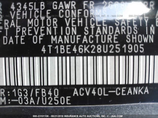 4T1BE46K28U251905 - 2008 TOYOTA CAMRY CE/LE/XLE/SE GRAY photo 9