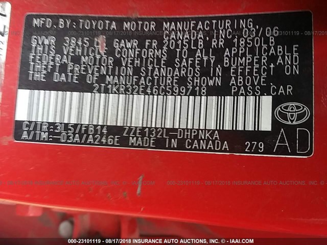 2T1KR32E46C599718 - 2006 TOYOTA COROLLA MATRIX XR RED photo 9