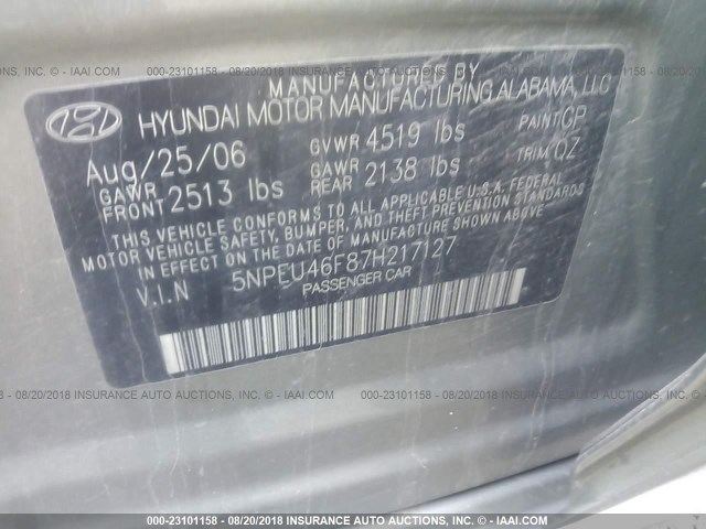 5NPEU46F87H217127 - 2007 HYUNDAI SONATA SE/LIMITED GREEN photo 9