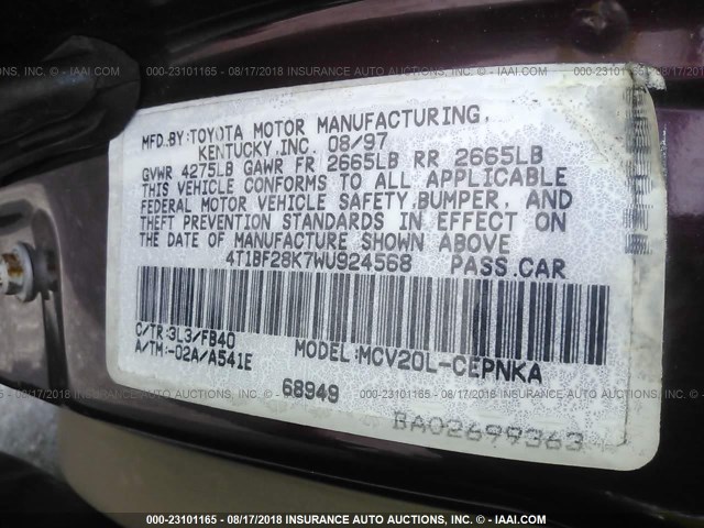 4T1BF28K7WU924568 - 1998 TOYOTA CAMRY CE/LE/XLE 红色 照片 9