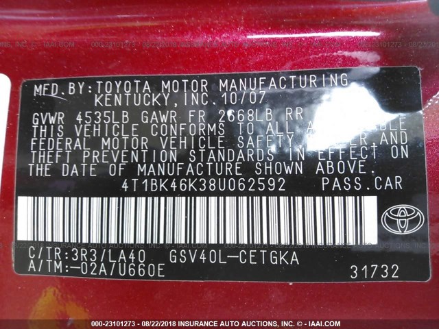 4T1BK46K38U062592 - 2008 TOYOTA CAMRY LE/XLE/SE 红色 照片 9