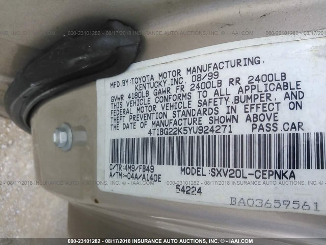 4T1BG22K5YU924271 - 2000 TOYOTA CAMRY CE/LE/XLE 金色 照片 9