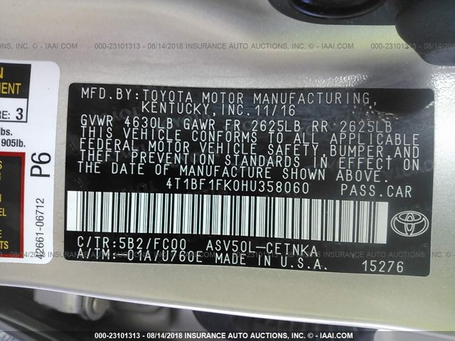 4T1BF1FK0HU358060 - 2017 TOYOTA CAMRY LE/XLE/SE/XSE GOLD photo 9