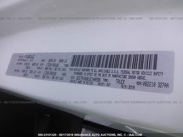 3C6TRVAG0JE104936 - 2018 RAM PROMASTER 1500 1500 STANDARD WHITE photo 9