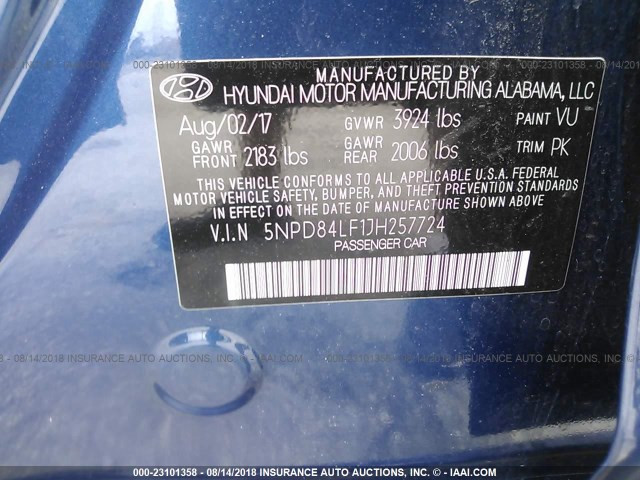 5NPD84LF1JH257724 - 2018 HYUNDAI ELANTRA SEL/VALUE/LIMITED BLUE photo 9