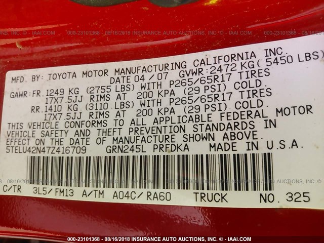 5TELU42N47Z416709 - 2007 TOYOTA TACOMA DOUBLE CAB 红色 照片 9