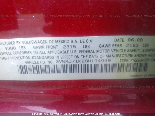3VWRJ71K28M194999 - 2008 VOLKSWAGEN JETTA WOLFSBURG 红色 照片 9