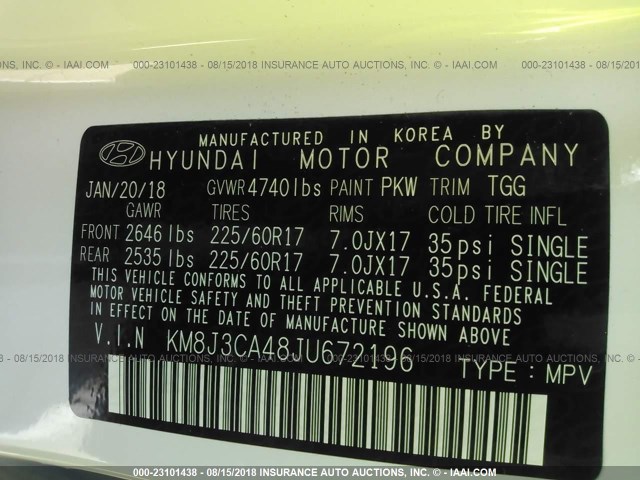 KM8J3CA48JU672196 - 2018 HYUNDAI TUCSON WHITE photo 9