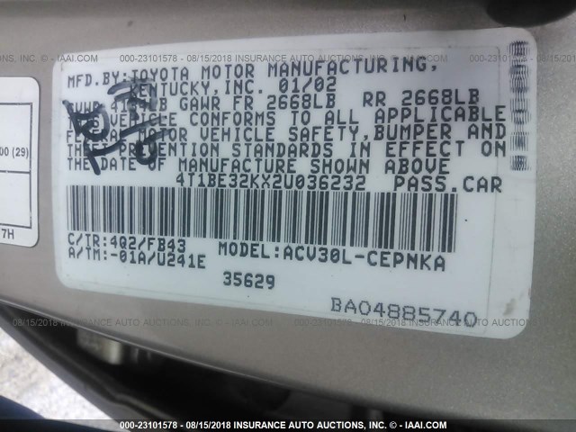 4T1BE32KX2U036232 - 2002 TOYOTA CAMRY LE/XLE/SE Qızıl foto 9