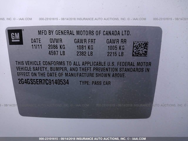 2G4GS5ER7C9140534 - 2012 BUICK REGAL PREMIUM WHITE photo 9