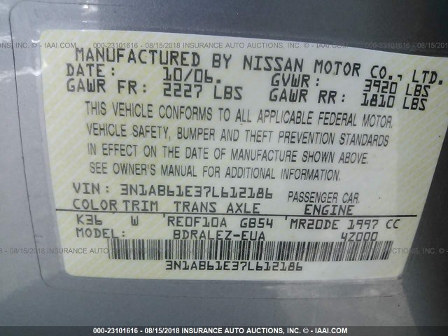 3N1AB61E37L612186 - 2007 NISSAN SENTRA 2.0/2.0S/2.0SL GRAY photo 9