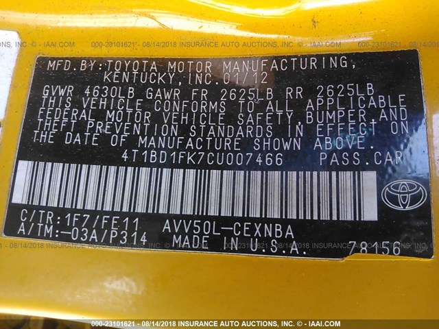 4T1BD1FK7CU007466 - 2012 TOYOTA CAMRY HYBRID/LE/XLE 黄色 照片 9