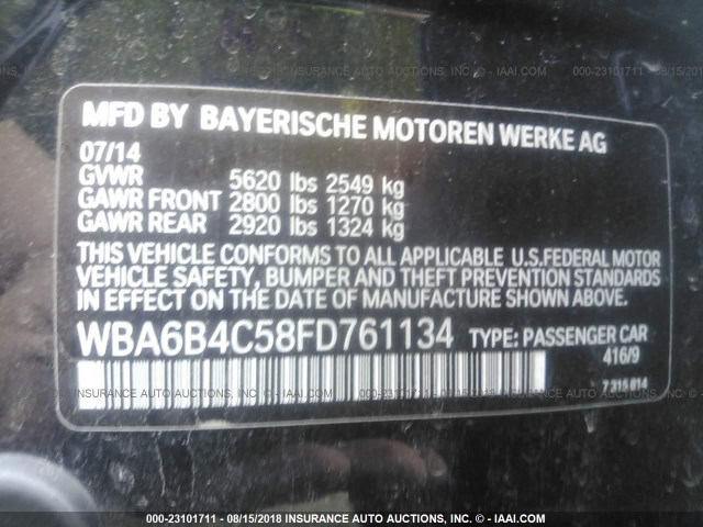 WBA6B4C58FD761134 - 2015 BMW 650 XI/GRAN COUPE BLACK photo 9