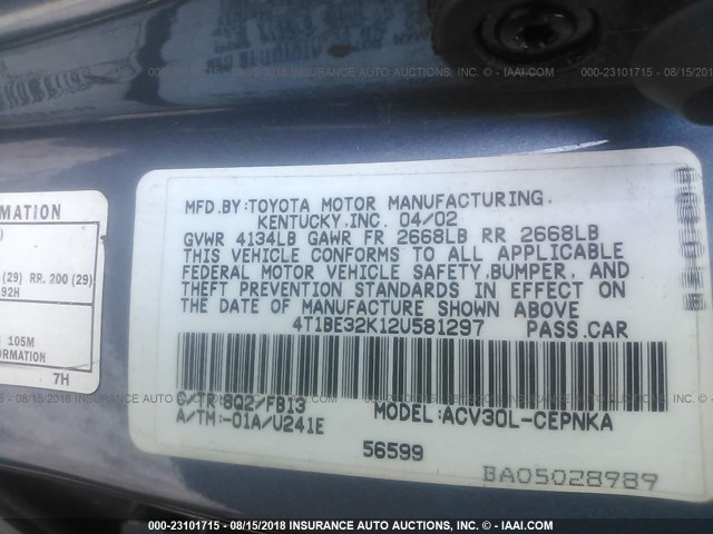 4T1BE32K12U581297 - 2002 TOYOTA CAMRY LE/XLE/SE Mavi foto 9