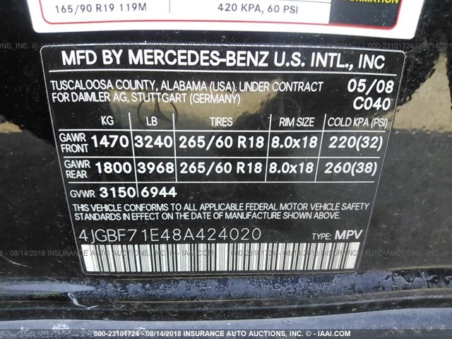 4JGBF71E48A424020 - 2008 MERCEDES-BENZ GL 450 4MATIC BLACK photo 9