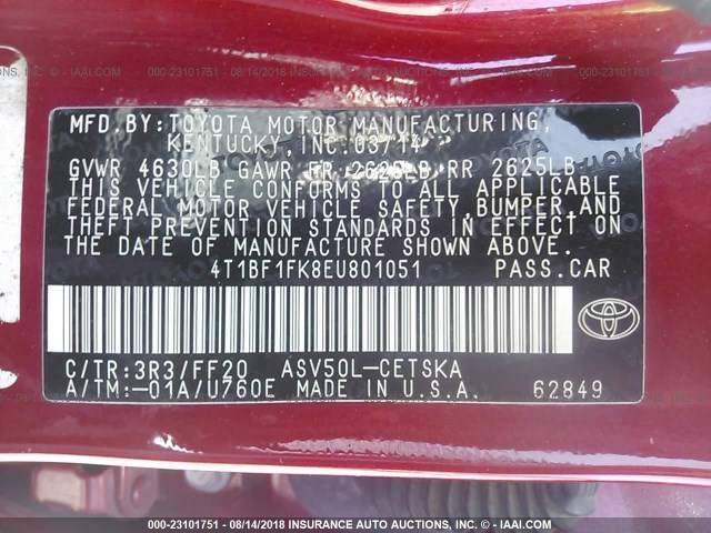 4T1BF1FK8EU801051 - 2014 TOYOTA CAMRY L/SE/LE/XLE 勃艮第红 照片 9