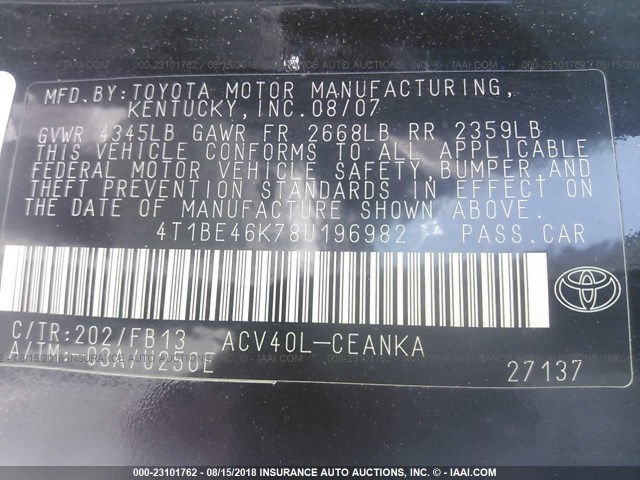 4T1BE46K78U196982 - 2008 TOYOTA CAMRY CE/LE/XLE/SE BLACK photo 9