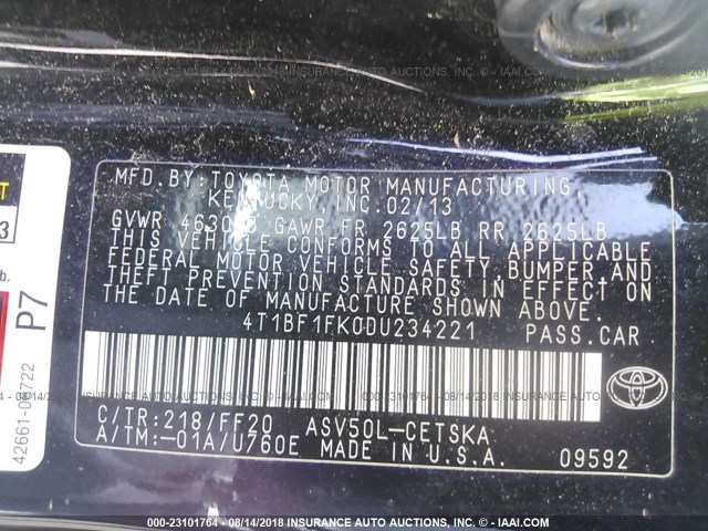 4T1BF1FK0DU234221 - 2013 TOYOTA CAMRY L/SE/LE/XLE 黑色 照片 9