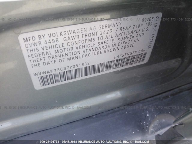 WVWAK73C37P051832 - 2007 VOLKSWAGEN PASSAT 2.0T/WOLFSBURG GRAY photo 9