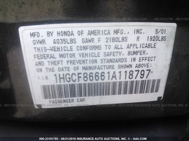 1HGCF86661A118797 - 2001 HONDA ACCORD VALUE GREEN photo 9