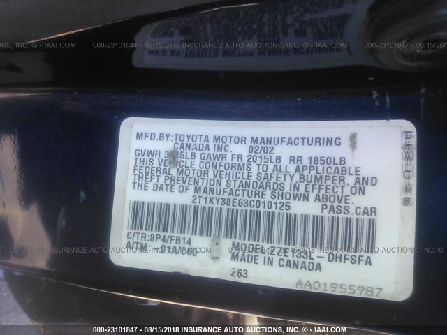 2T1KY38E63C010125 - 2003 TOYOTA COROLLA MATRIX XRS BLUE photo 9