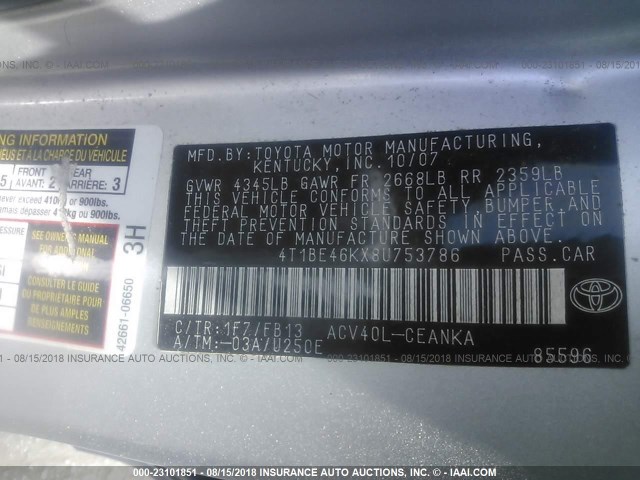 4T1BE46KX8U753786 - 2008 TOYOTA CAMRY CE/LE/XLE/SE SILVER photo 9