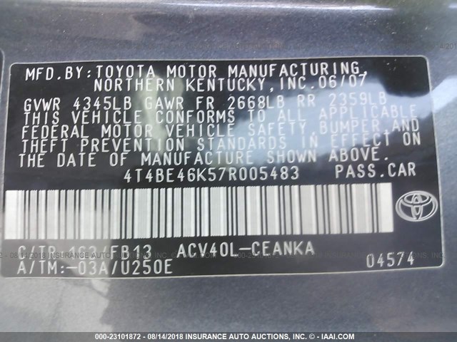 4T4BE46K57R005483 - 2007 TOYOTA CAMRY NEW GENERAT CE/LE/XLE/SE GRAY photo 9